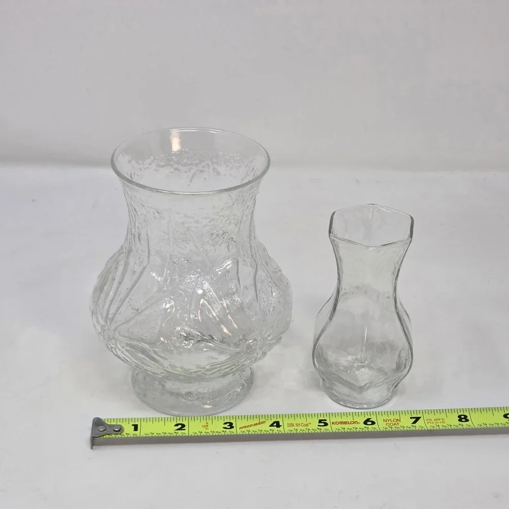 Vintage Crinkle Glass Vase Pair Clear MCM Pedestal Florist Vases Set of 2